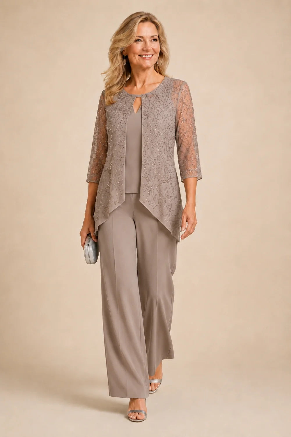 Beaded Lace Layered Wide-Leg Pant Suit
