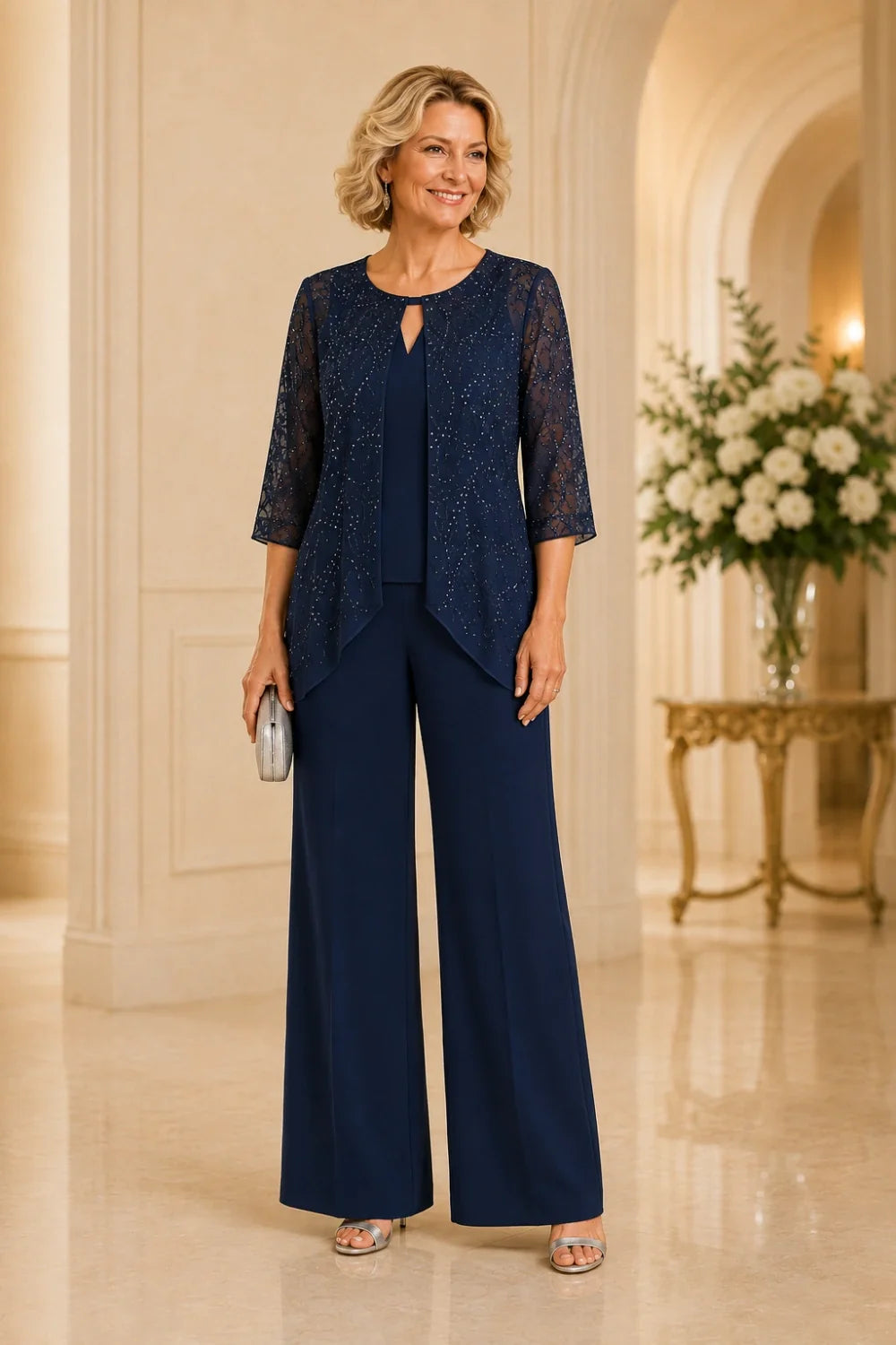 Beaded Lace Layered Wide-Leg Pant Suit