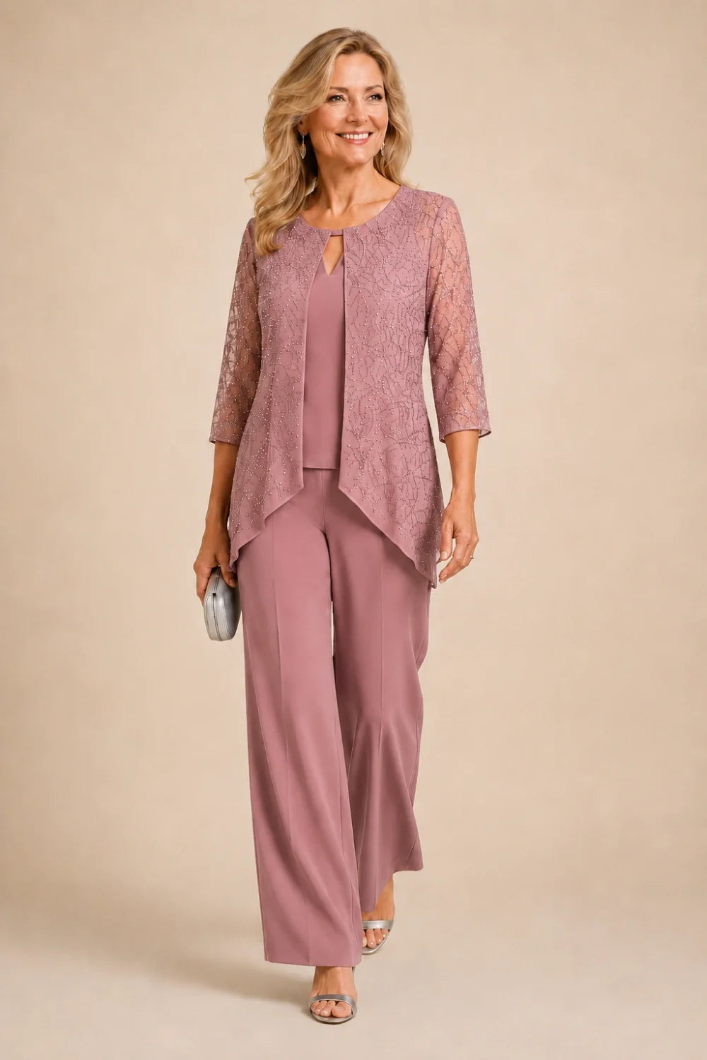 Beaded Lace Layered Wide-Leg Pant Suit