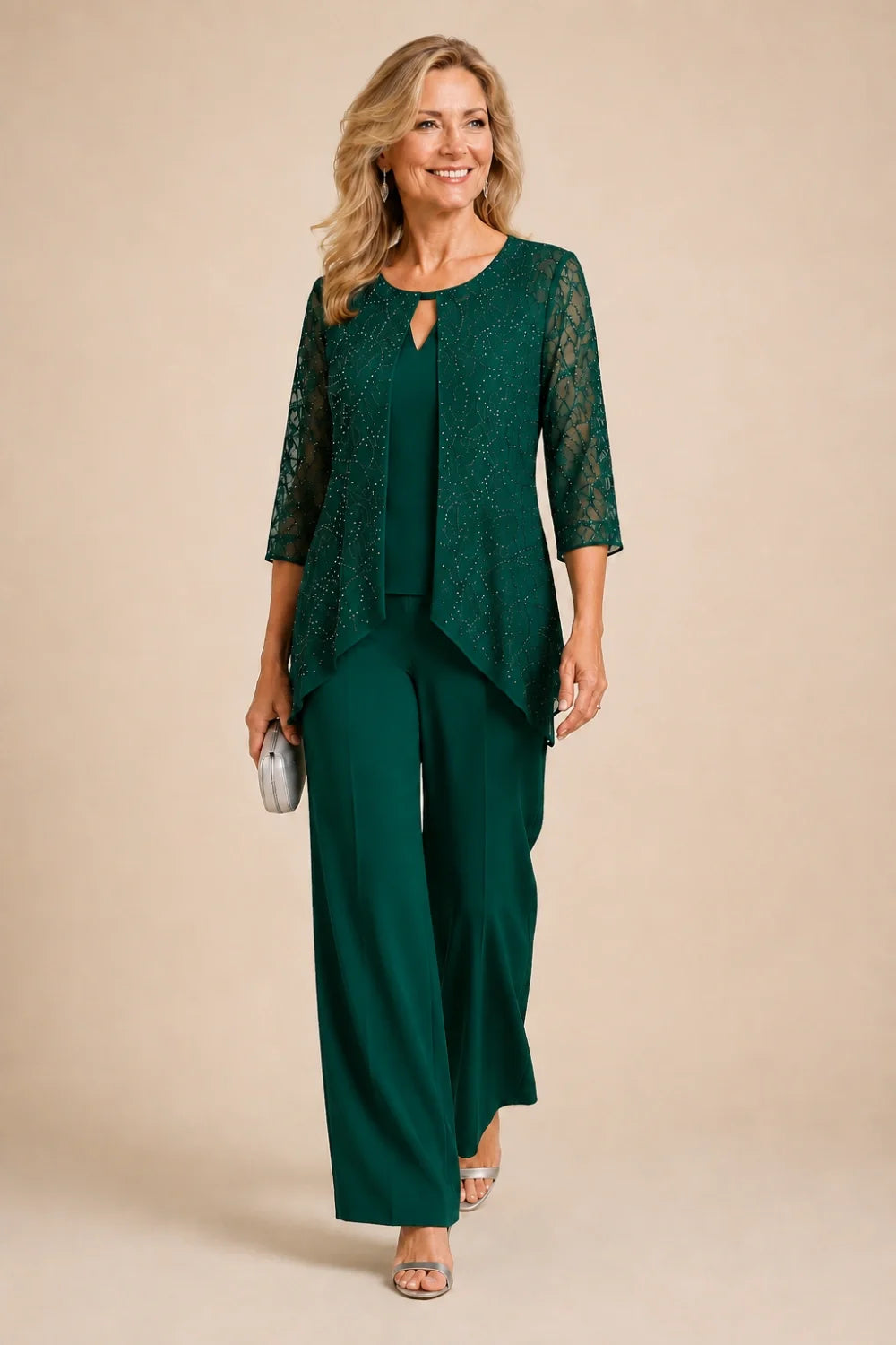 Beaded Lace Layered Wide-Leg Pant Suit