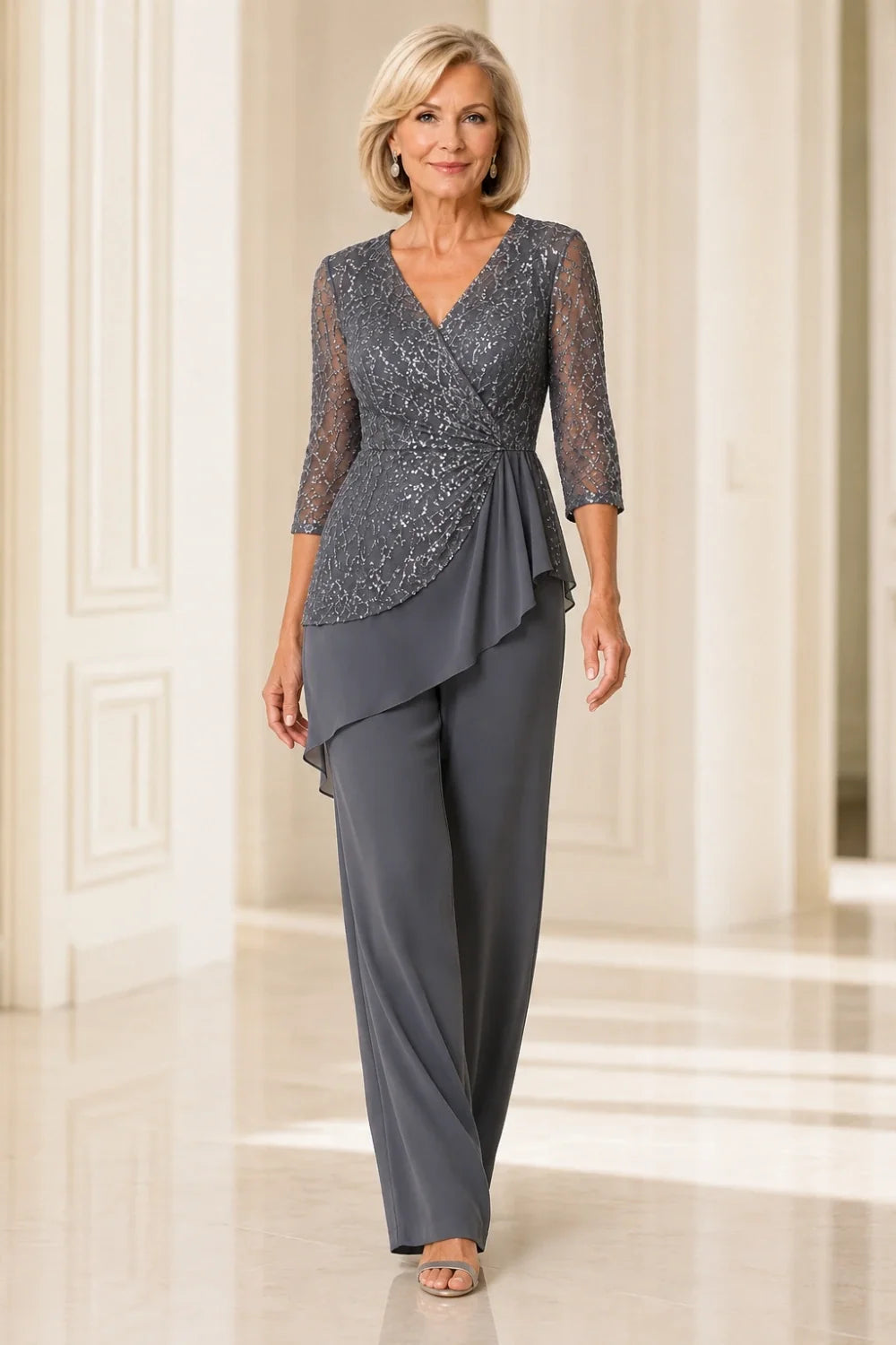 Beaded Lace Chiffon Pant Suit with Sheer Sleeves