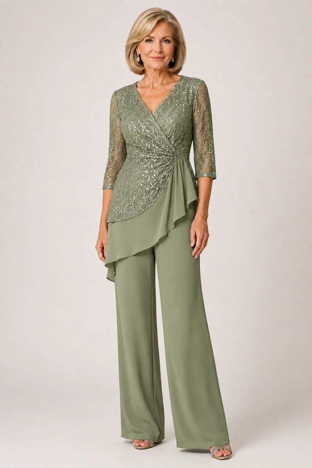 Beaded Lace Chiffon Pant Suit with Sheer Sleeves