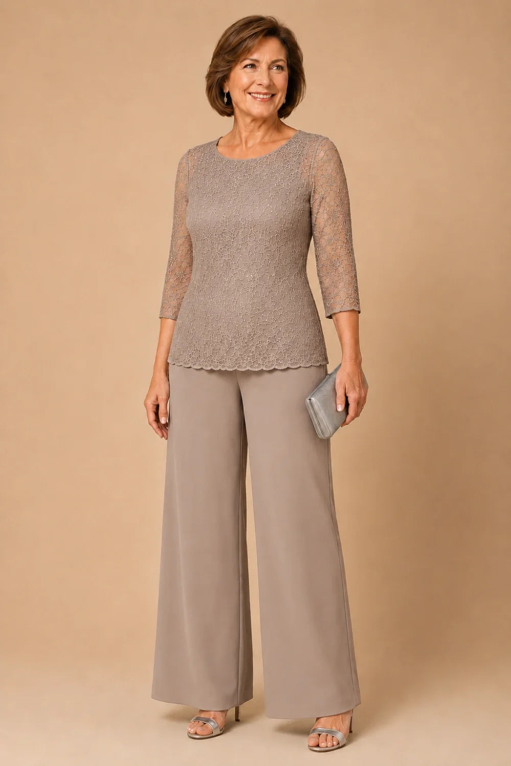 Beaded Lace Wide-Leg Pant Suit with 3/4 Sleeves