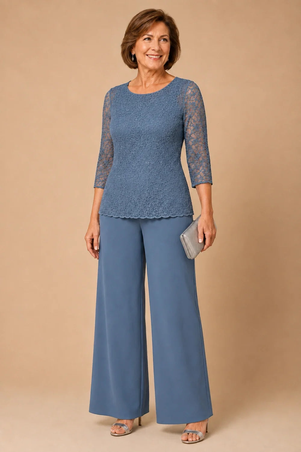 Beaded Lace Wide-Leg Pant Suit with 3/4 Sleeves
