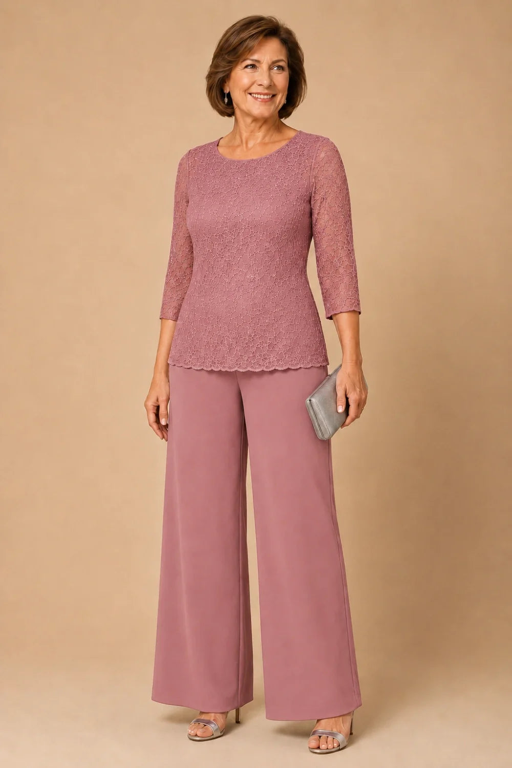 Beaded Lace Wide-Leg Pant Suit with 3/4 Sleeves