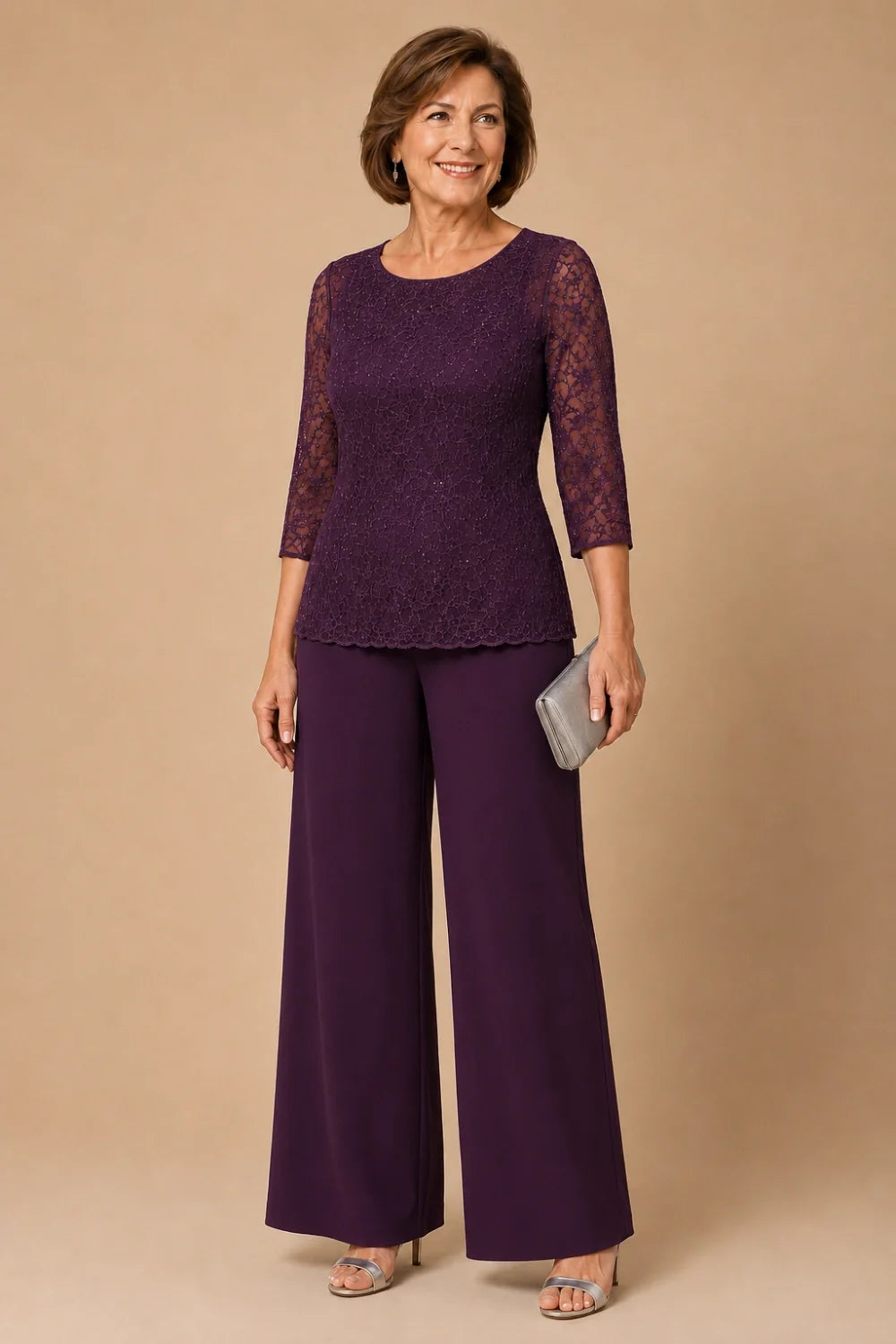 Beaded Lace Wide-Leg Pant Suit with 3/4 Sleeves