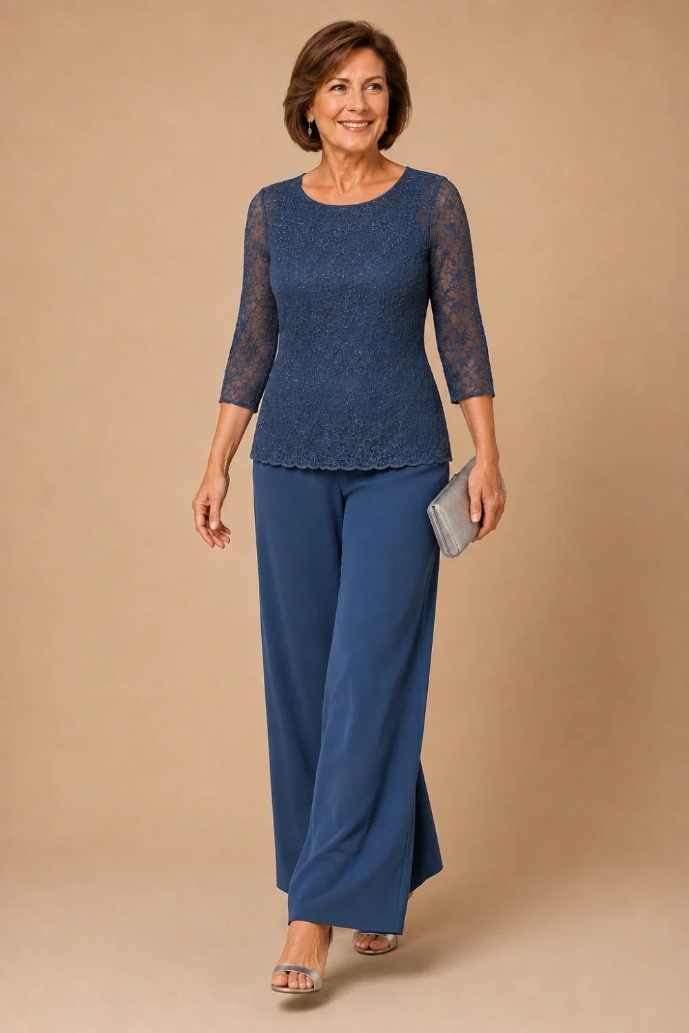 Beaded Lace Wide-Leg Pant Suit with 3/4 Sleeves