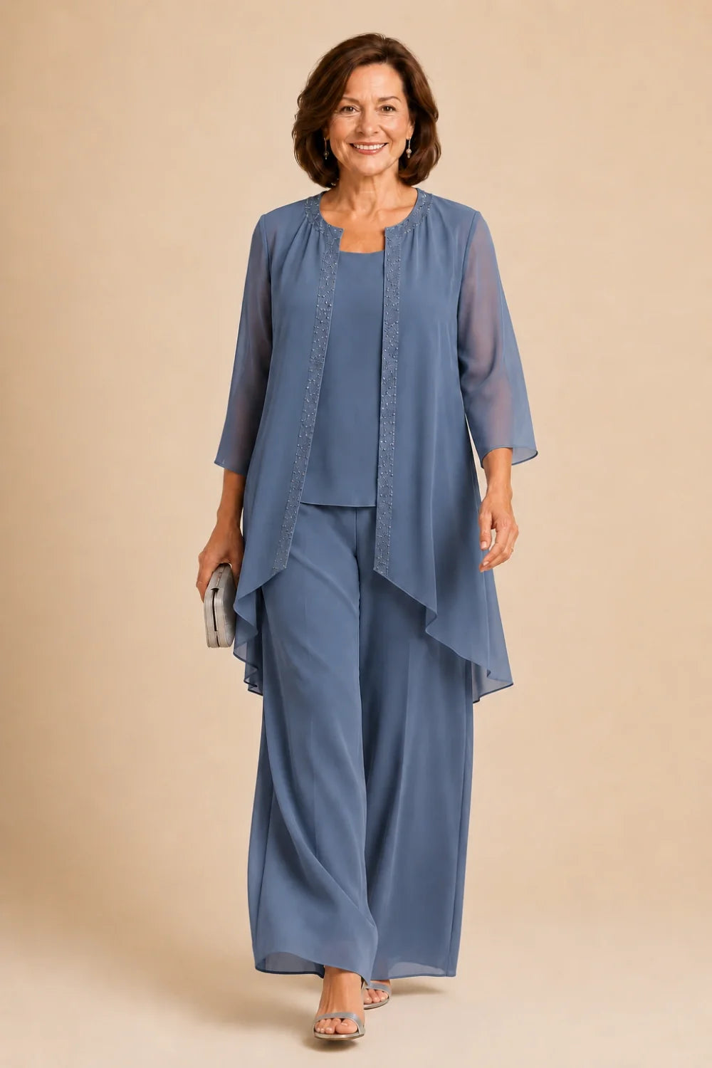 Beaded Three-Piece Chiffon Pant Suit with Draped Jacket