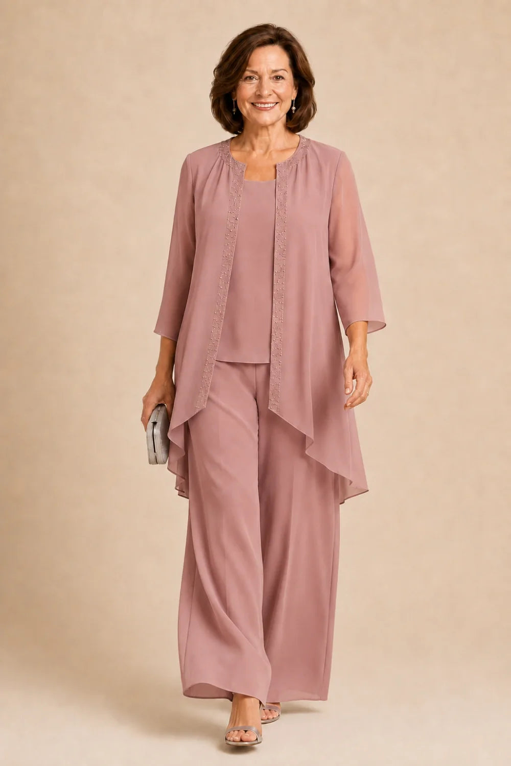 Beaded Three-Piece Chiffon Pant Suit with Draped Jacket