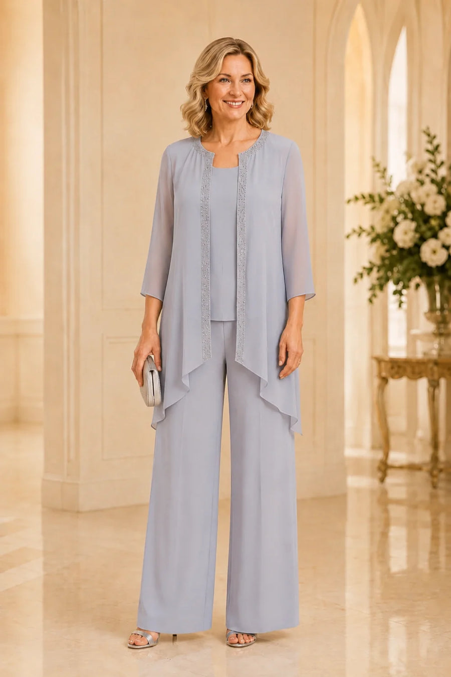 Beaded Three-Piece Chiffon Pant Suit with Draped Jacket