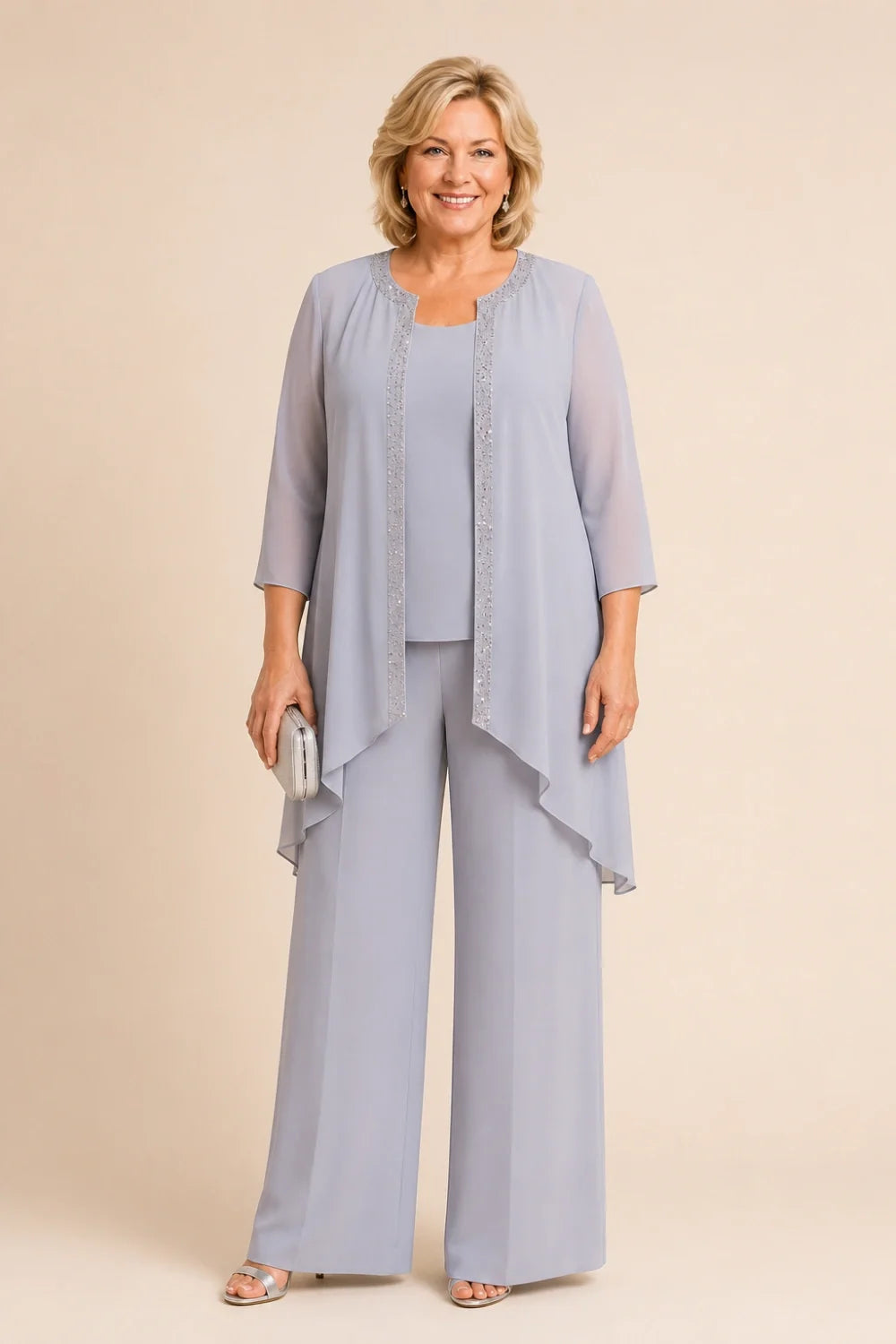 Beaded Three-Piece Chiffon Pant Suit with Draped Jacket