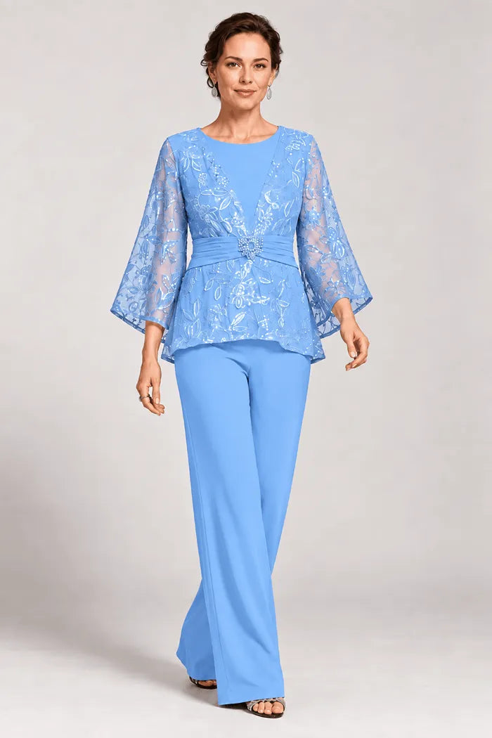 Sheer Bell Sleeve Embellished Evening Pant Set