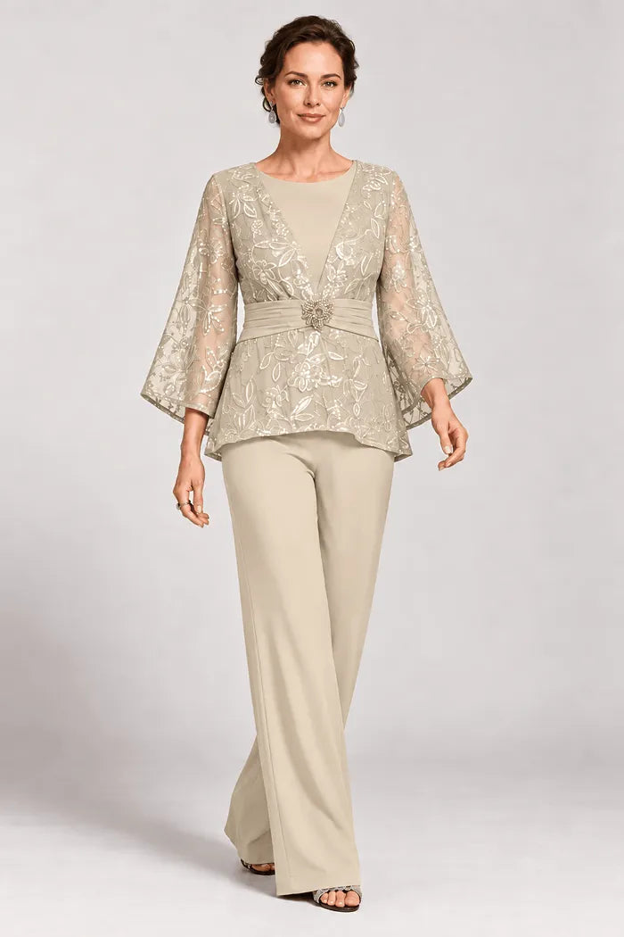 Sheer Bell Sleeve Embellished Evening Pant Set