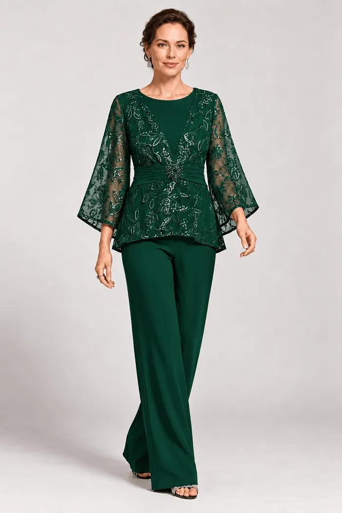 Sheer Bell Sleeve Embellished Evening Pant Set