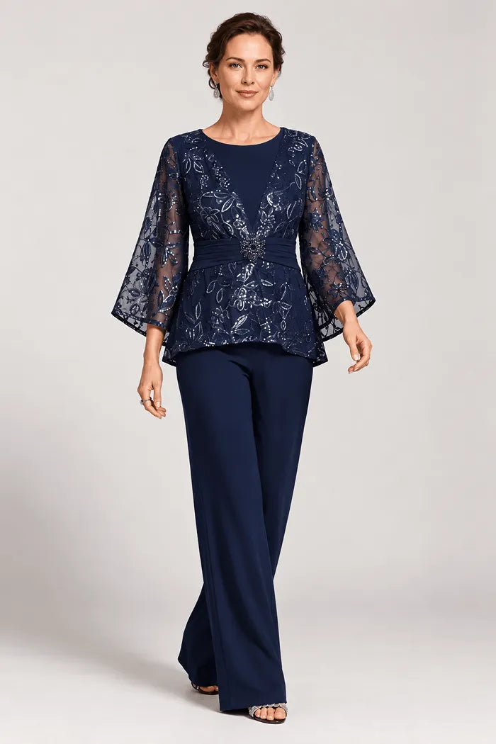 Sheer Bell Sleeve Embellished Evening Pant Set