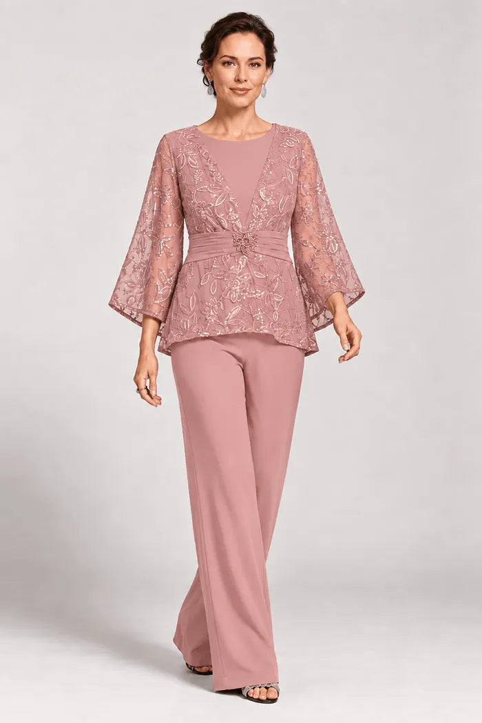 Sheer Bell Sleeve Embellished Evening Pant Set