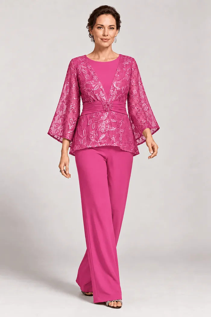 Sheer Bell Sleeve Embellished Evening Pant Set