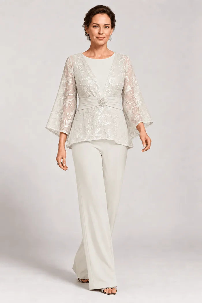 Sheer Bell Sleeve Embellished Evening Pant Set