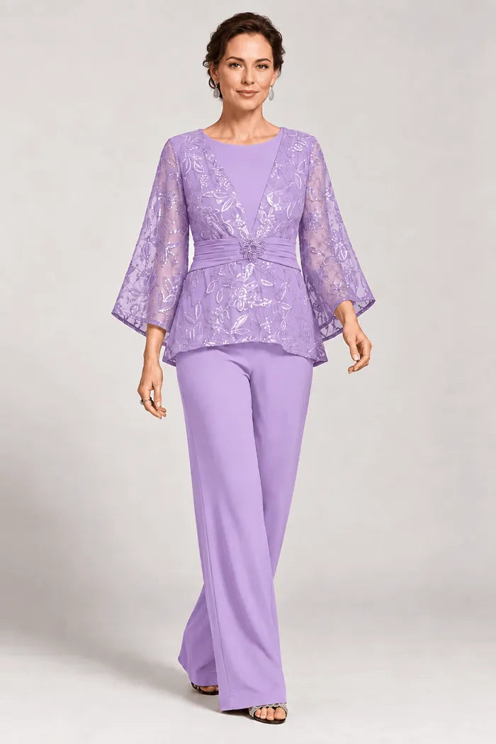 Sheer Bell Sleeve Embellished Evening Pant Set