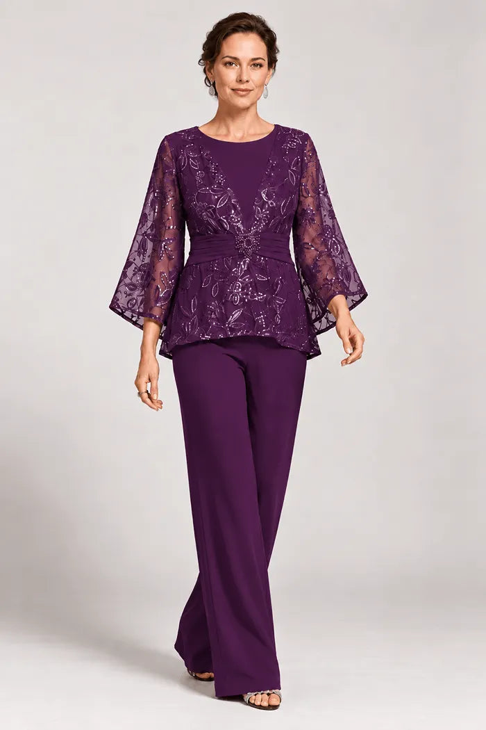 Sheer Bell Sleeve Embellished Evening Pant Set