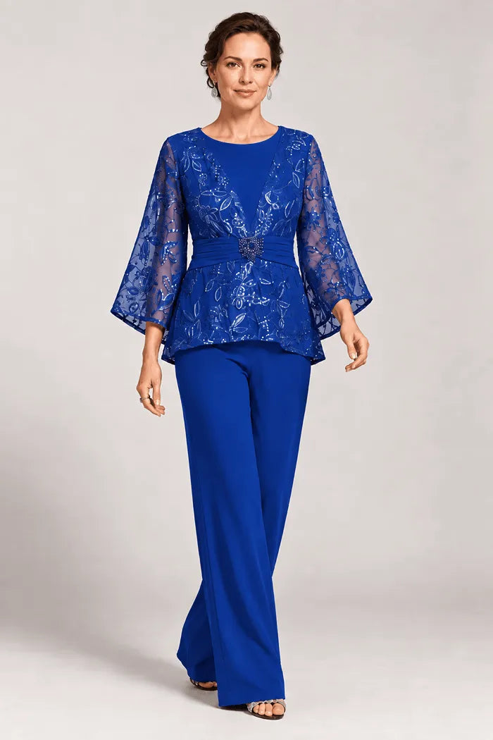 Sheer Bell Sleeve Embellished Evening Pant Set