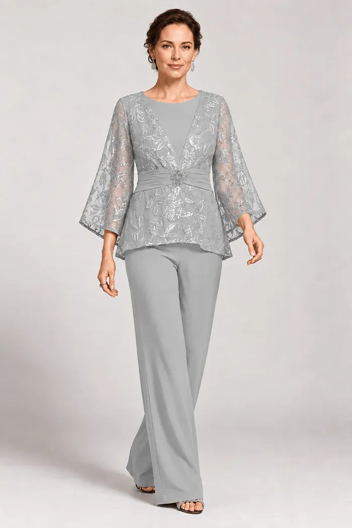 Sheer Bell Sleeve Embellished Evening Pant Set