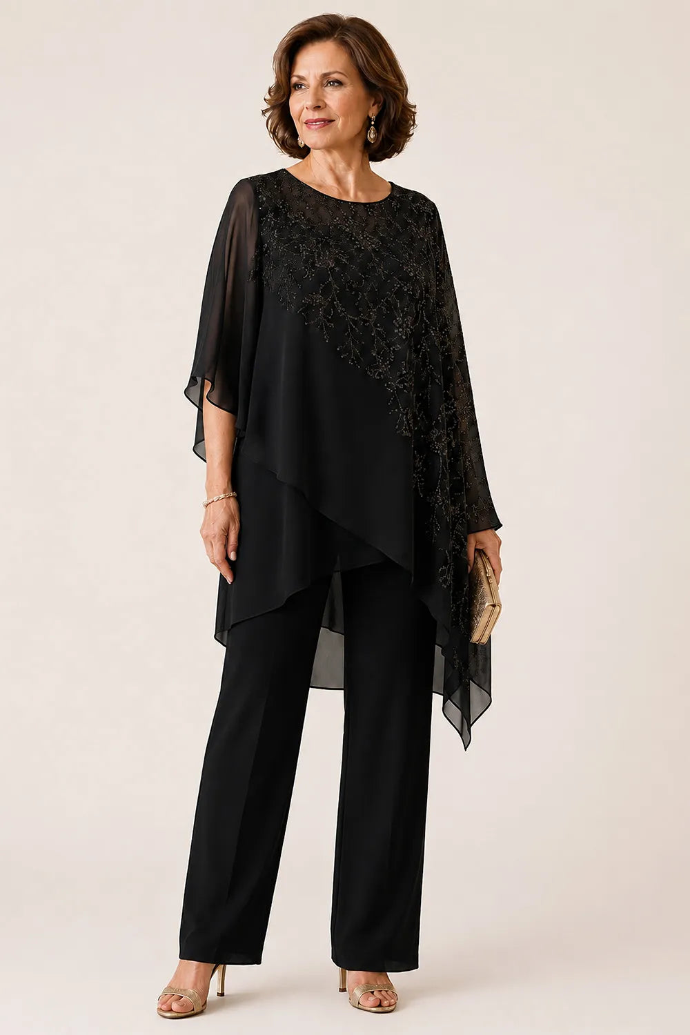 Embroidered Chiffon Overlay Mother of the Bride Pant Suit