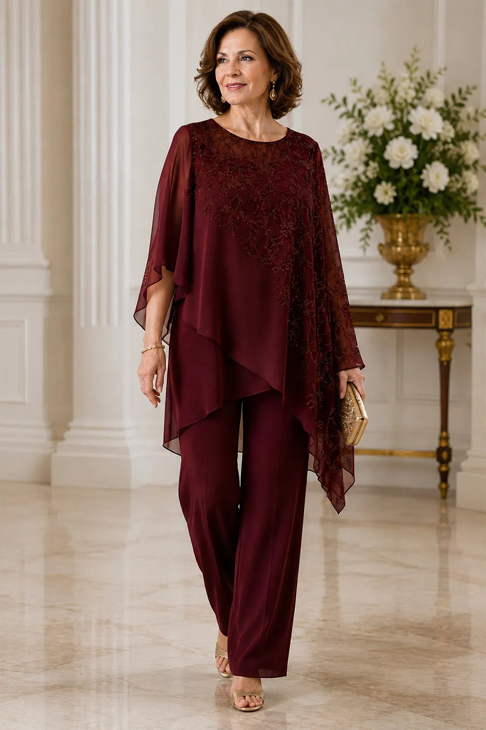 Embroidered Chiffon Overlay Mother of the Bride Pant Suit