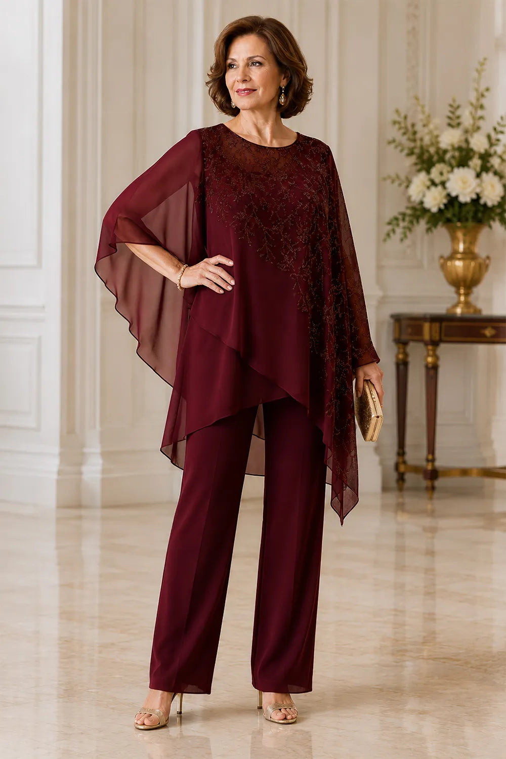 Embroidered Chiffon Overlay Mother of the Bride Pant Suit