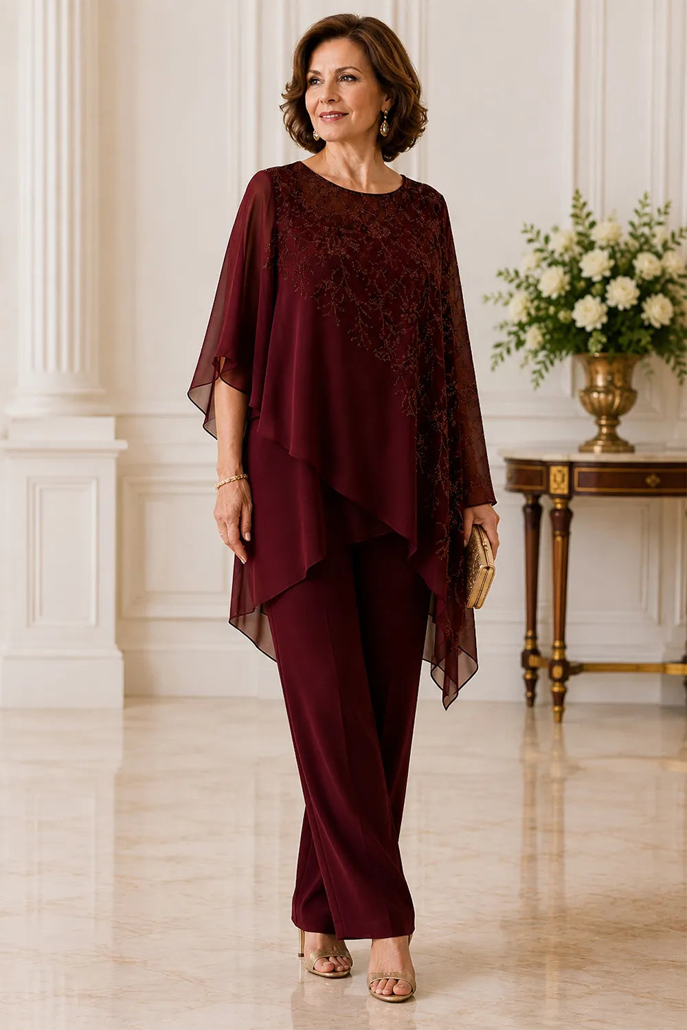 Embroidered Chiffon Overlay Mother of the Bride Pant Suit