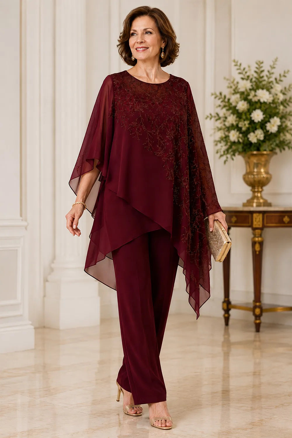 Embroidered Chiffon Overlay Mother of the Bride Pant Suit