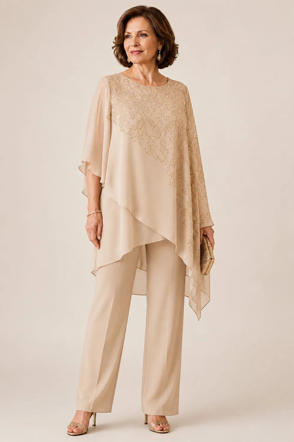 Embroidered Chiffon Overlay Mother of the Bride Pant Suit