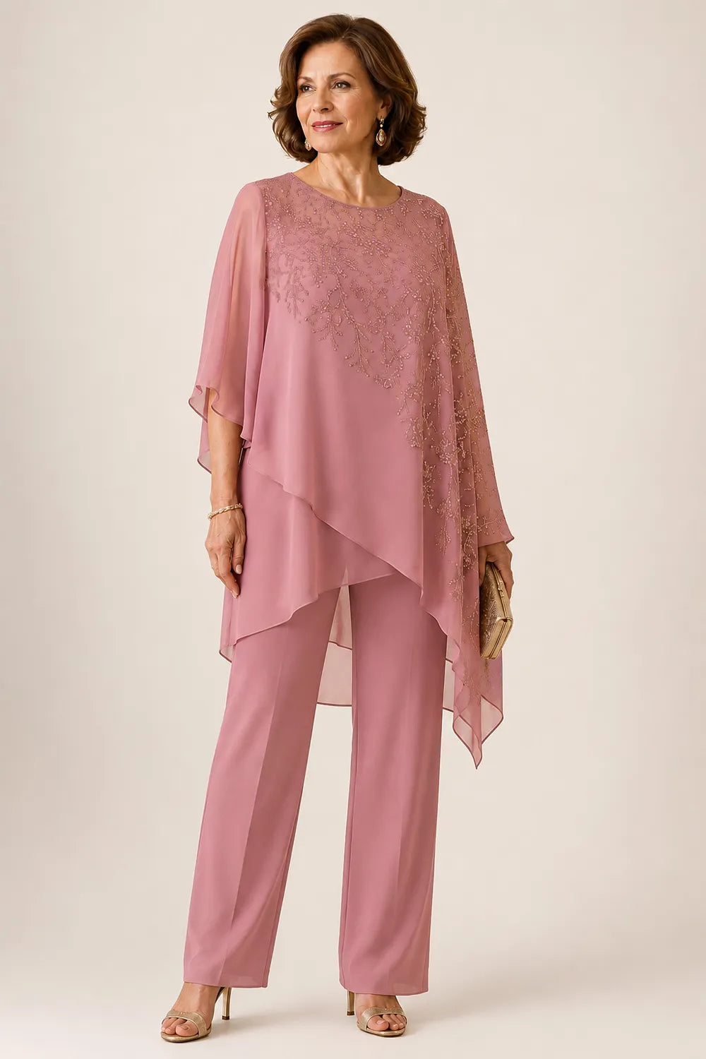 Embroidered Chiffon Overlay Mother of the Bride Pant Suit