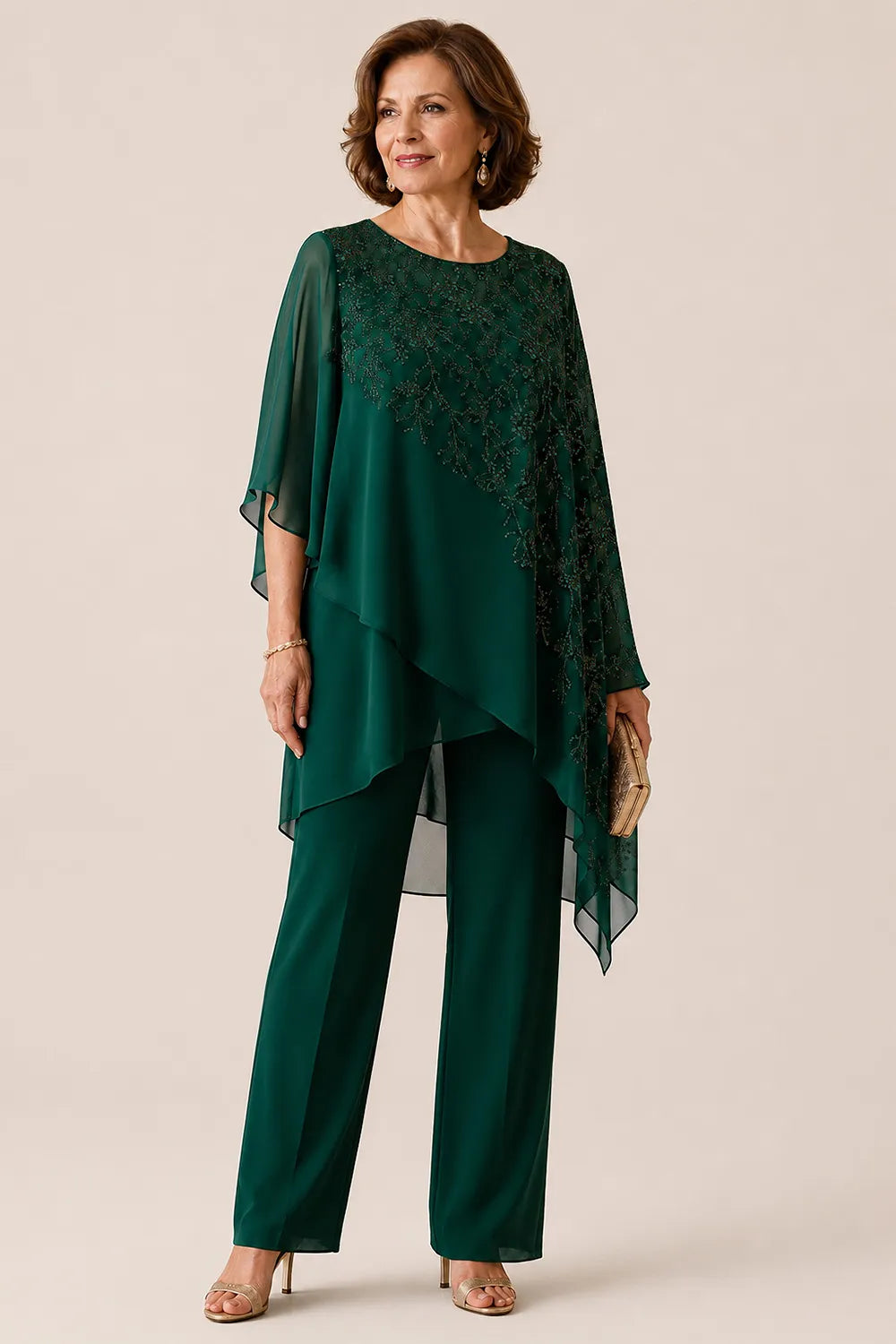 Embroidered Chiffon Overlay Mother of the Bride Pant Suit