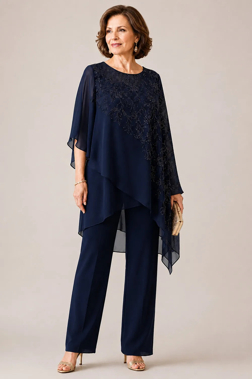Embroidered Chiffon Overlay Mother of the Bride Pant Suit