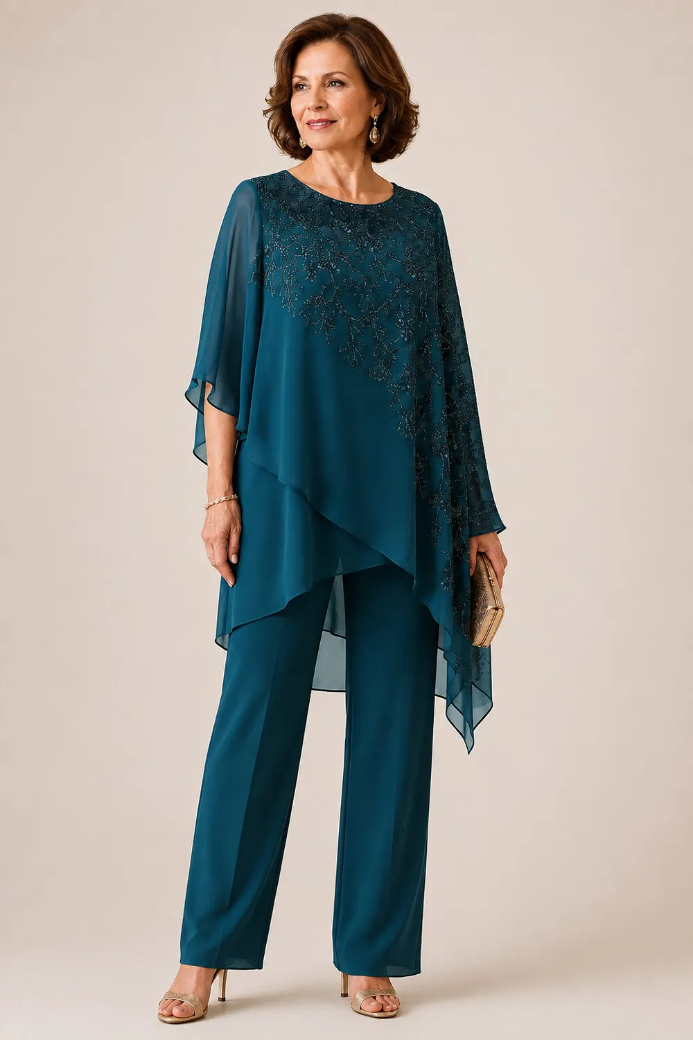 Embroidered Chiffon Overlay Mother of the Bride Pant Suit