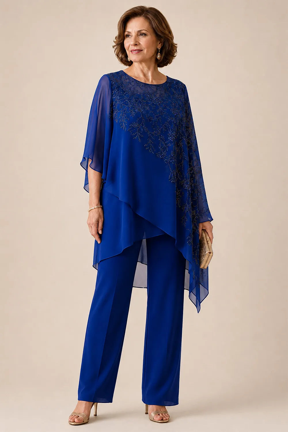 Embroidered Chiffon Overlay Mother of the Bride Pant Suit