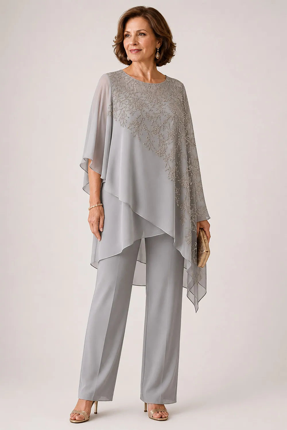 Embroidered Chiffon Overlay Mother of the Bride Pant Suit