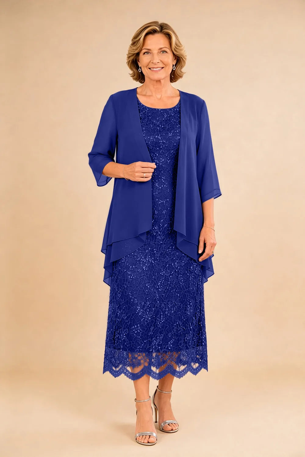 Refined Lace Midi Formal Dress with Sheer Chiffon Cover-Up