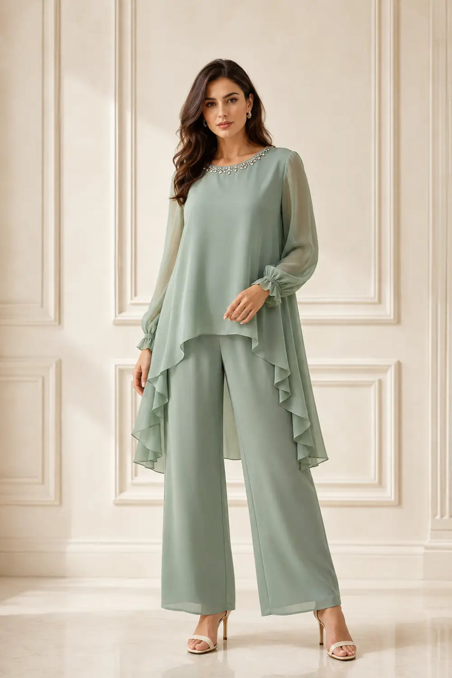 Ruffled Chiffon Capelet Pant Suit with Wide-Leg Pants
