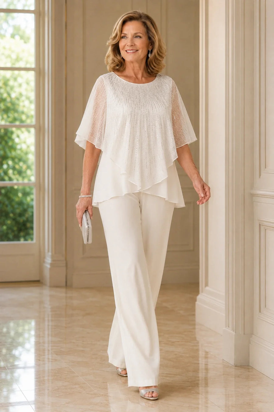 Sequin Capelet Chiffon Pant Suit with Wide-Leg Pants