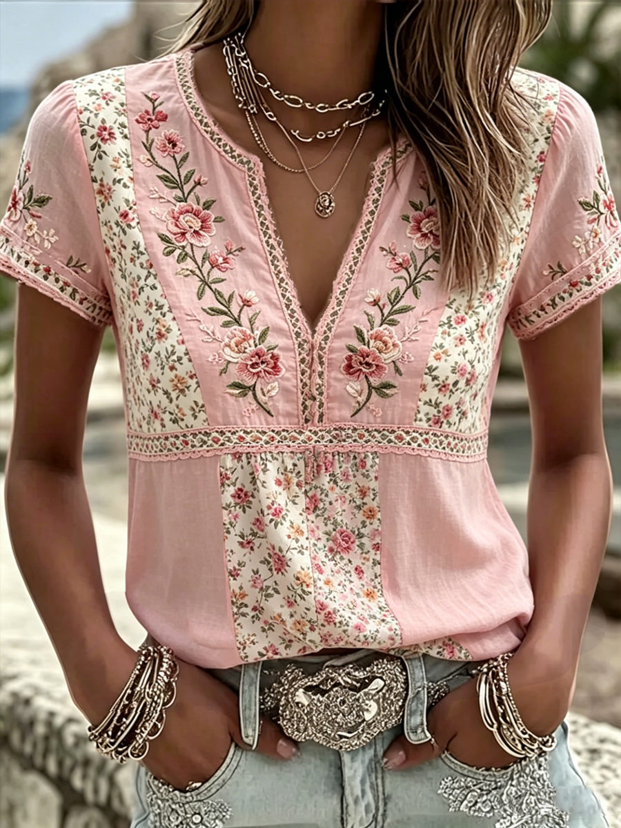 Women's Short Sleeve T-Shirt with Floral Print