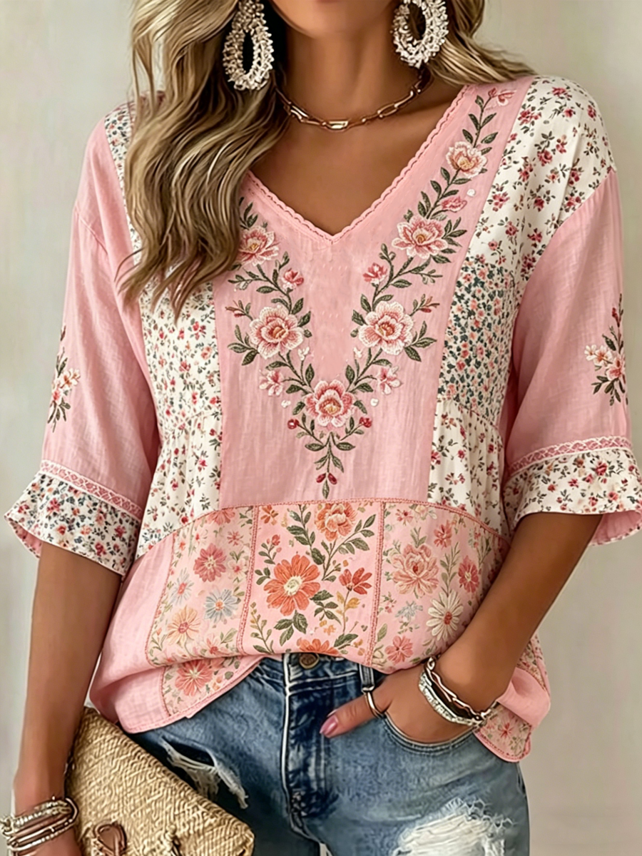 Women's Mid-Length Sleeve T-Shirt, V-Neck, Floral Print