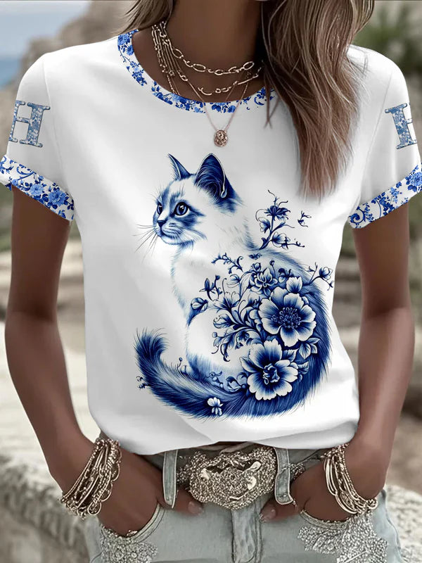 Women's Animal Cat Retro Unisex Casual Short-Sleeve T-Shirt