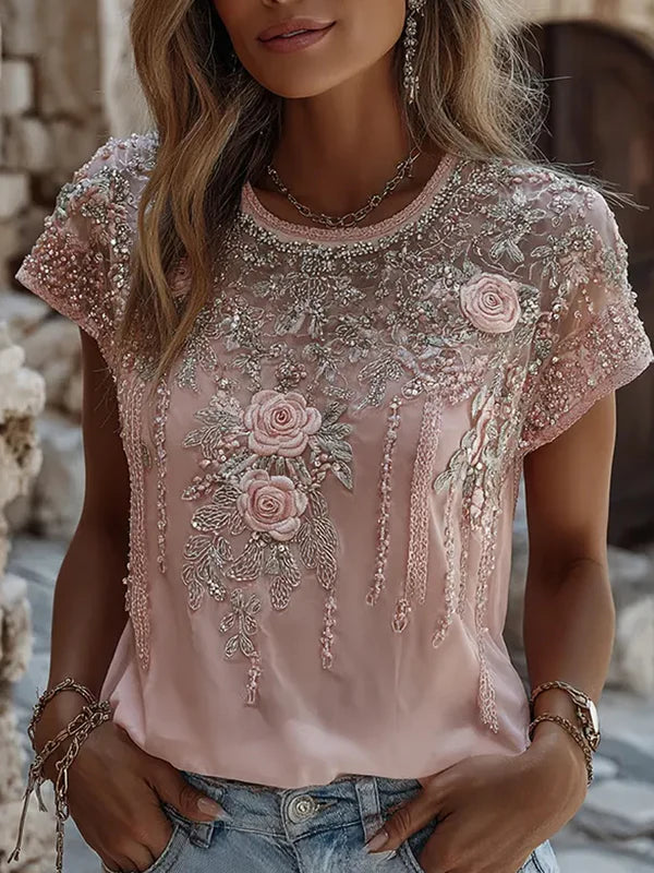 Women's Retro Embroidered Floral Art Print Casual Comfort T-shirt