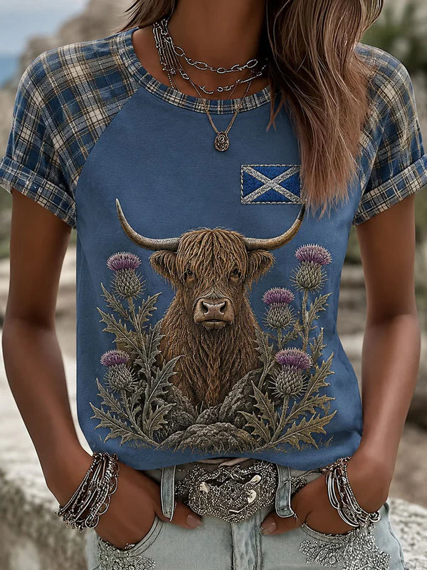 Women's Highland Denim Plaid Print T-shirt