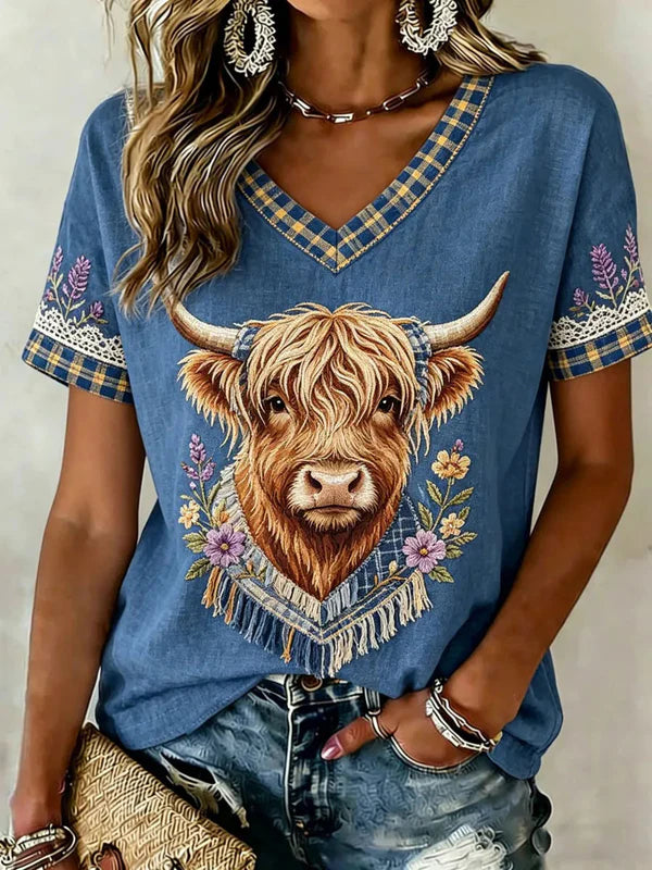 Women's Highland Denim Plaid Print T-shirt