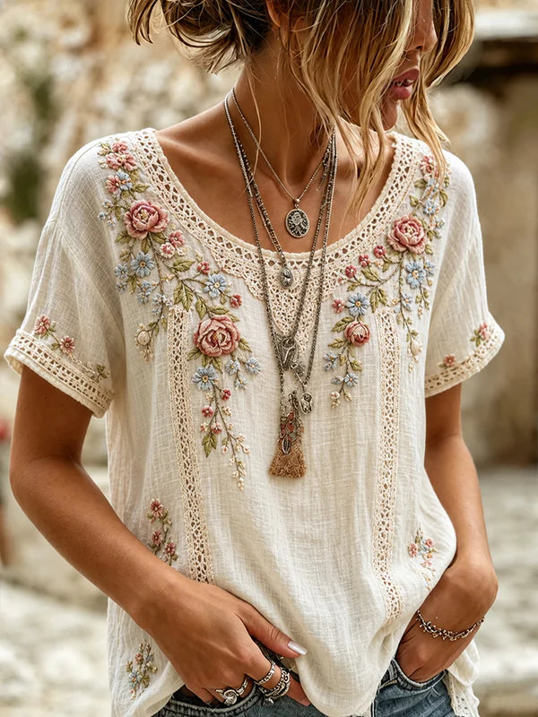 Women's Vintage Floral Art Print Casual Cotton-Linen Top