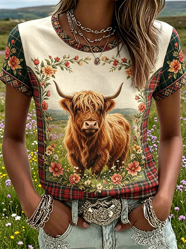 Women's Highland Denim Plaid Print T-shirt