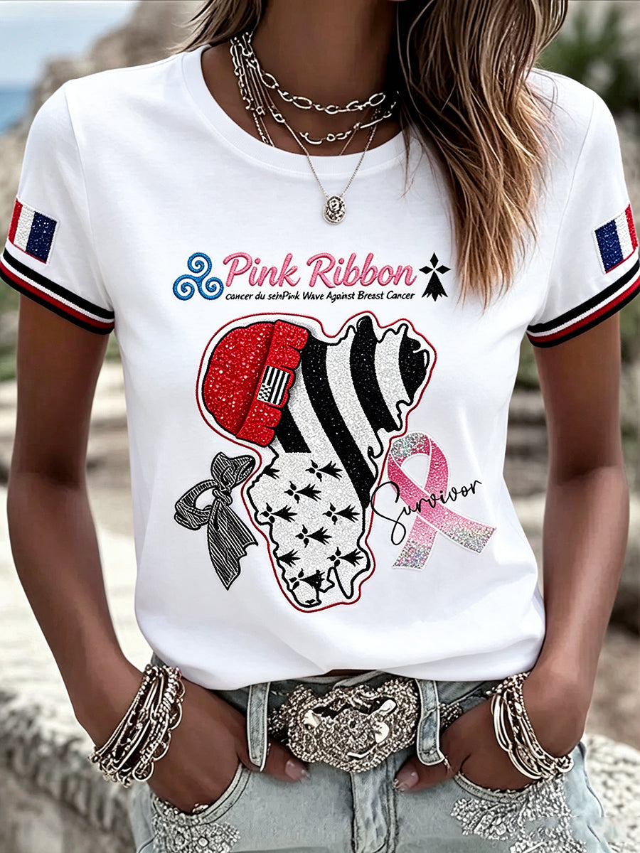 Casual white t-shirt for women, printed in Breton style, breast cancer motif